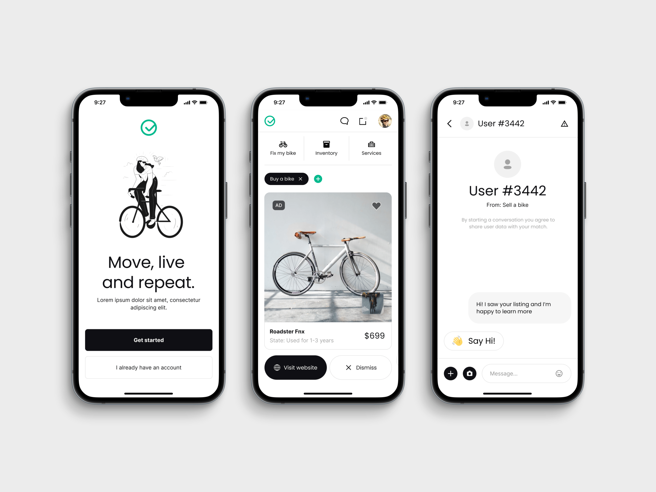 Three screens of the app. Onboarding screen, home screen and a chat screen.