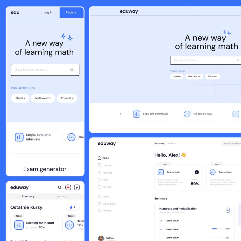 User interface design for the Eduway educational platform. Features a modern and intuitive design, facilitating math learning. Includes interactive elements such as an exam generator and a database.