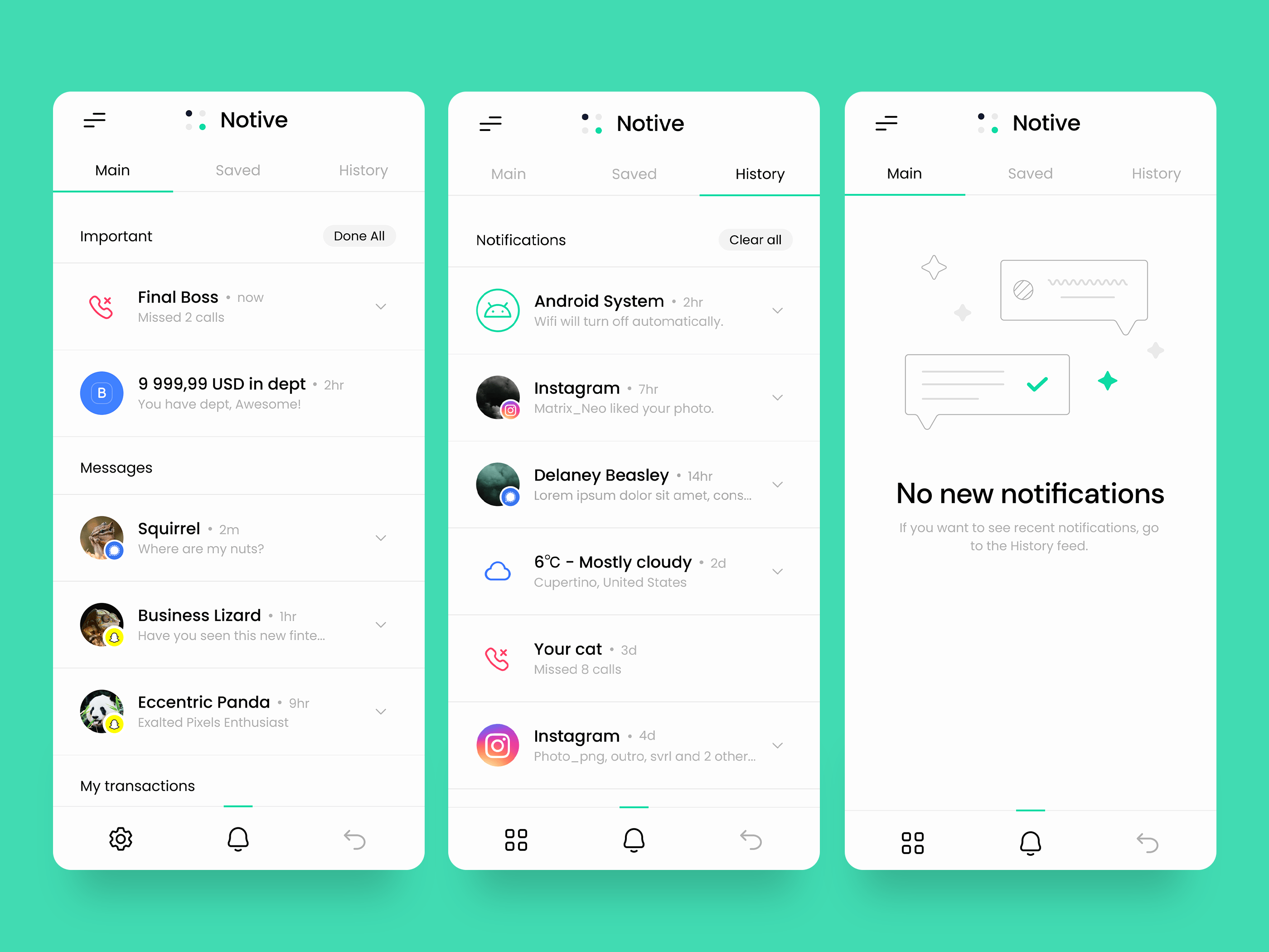 Mobile app UI design for a notification center, featuring a clean layout, intuitive navigation, and a focus on user experience.