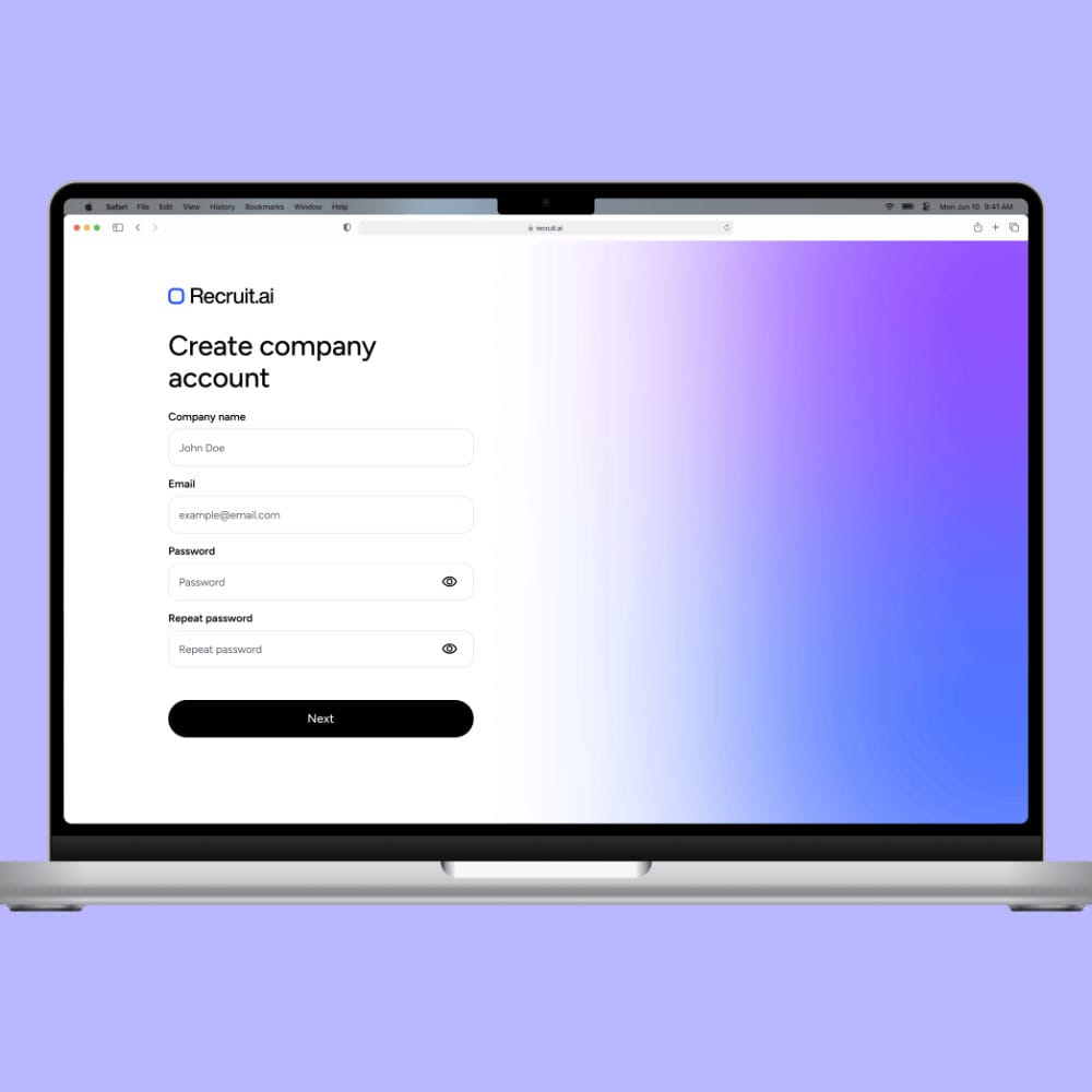 Recruit.ai Company Account Creation Page - Easy sign-up process for businesses. Clean and professional interface.