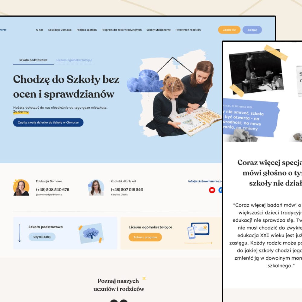 User interface design for the Szkoła w Chmurze website. Features a clear and user-friendly design, promoting homeschooling and alternative teaching methods.