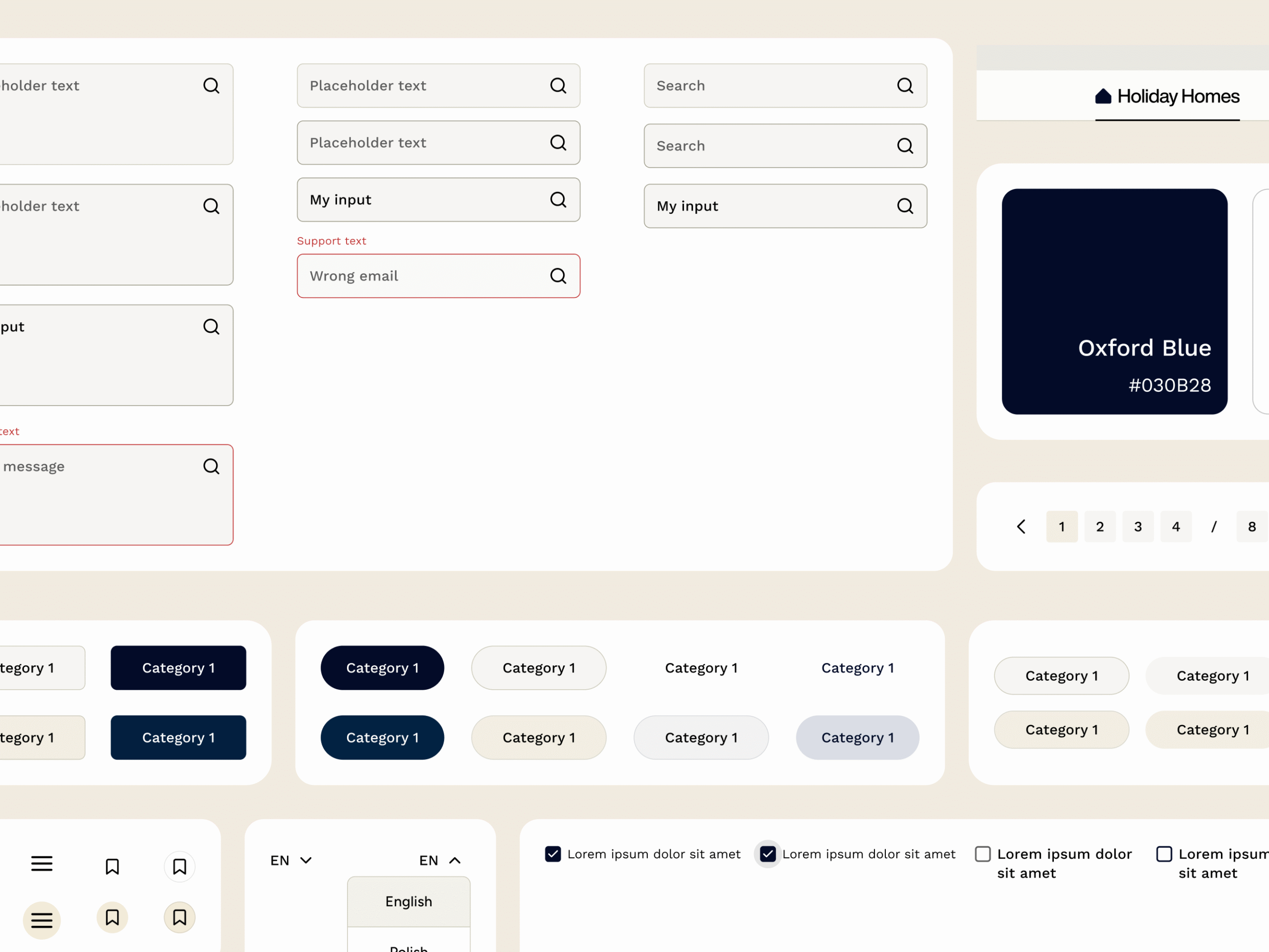 UI component library dashboard with various input fields, search bars, error message states, pagination, category buttons in different color styles, and a color swatch labeled Oxford Blue, arranged in a clean modern layout for a web application design system