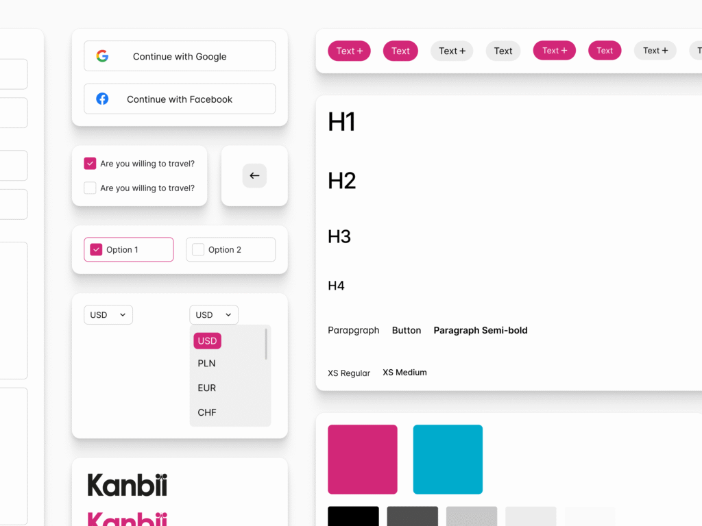 Kanbii design kit components in a geometric grid layout.