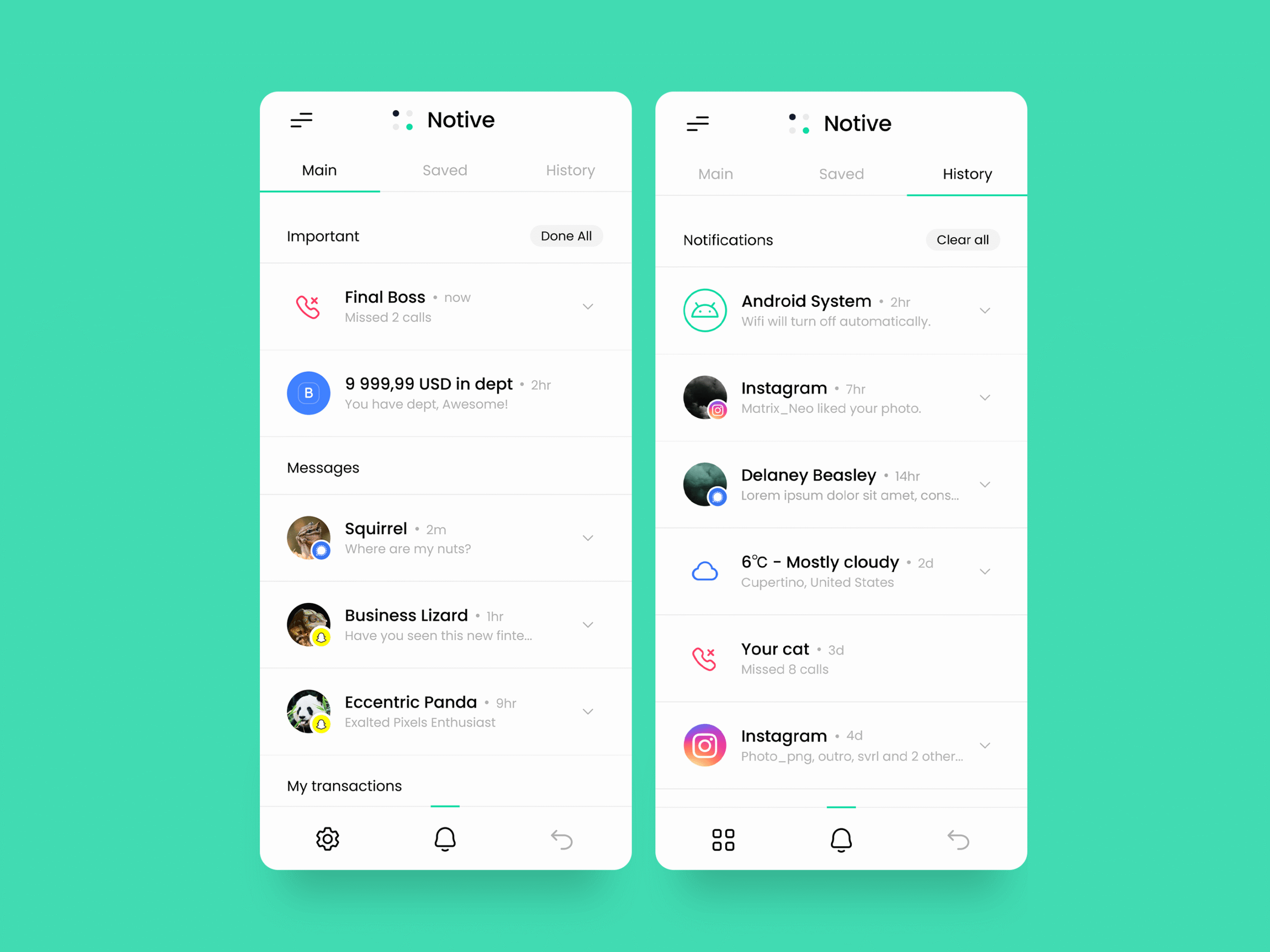 Two Notive app notification screens in a modern UI: left shows the Main tab with a list of important calls, transaction alerts, and playful avatars like Squirrel and Business Lizard; right shows the History tab with notifications from Android System, Instagram, weather, and missed calls, including icons and timestamps for each entry