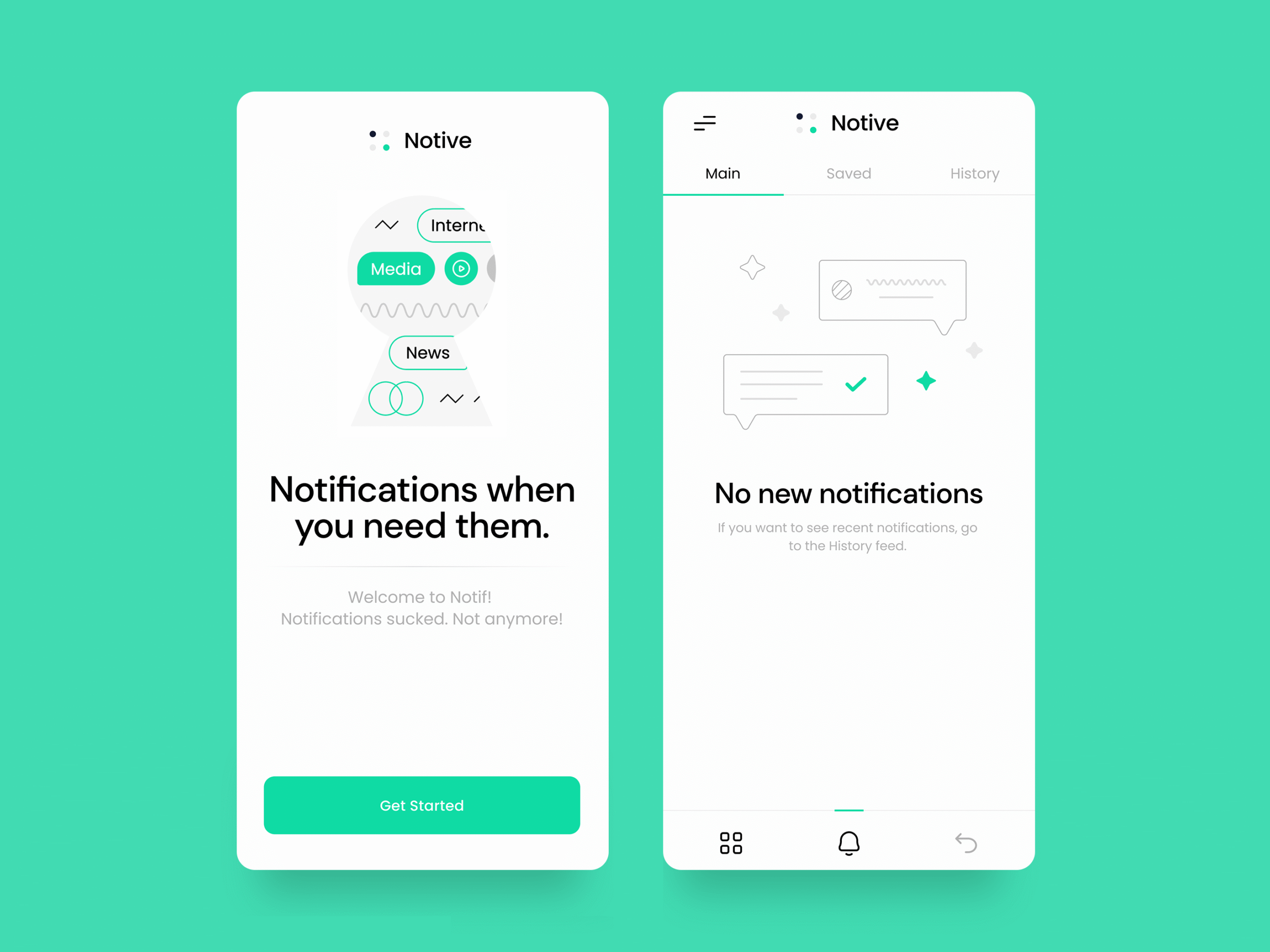 Two mobile screens of the Notive notifications app welcome and dashboard, featuring a clean teal and white UI, illustration with category tags, clear headline “Notifications when you need them,” a large Get Started button, and an empty state screen indicating no new notifications with navigation tabs for main, saved, and history feeds