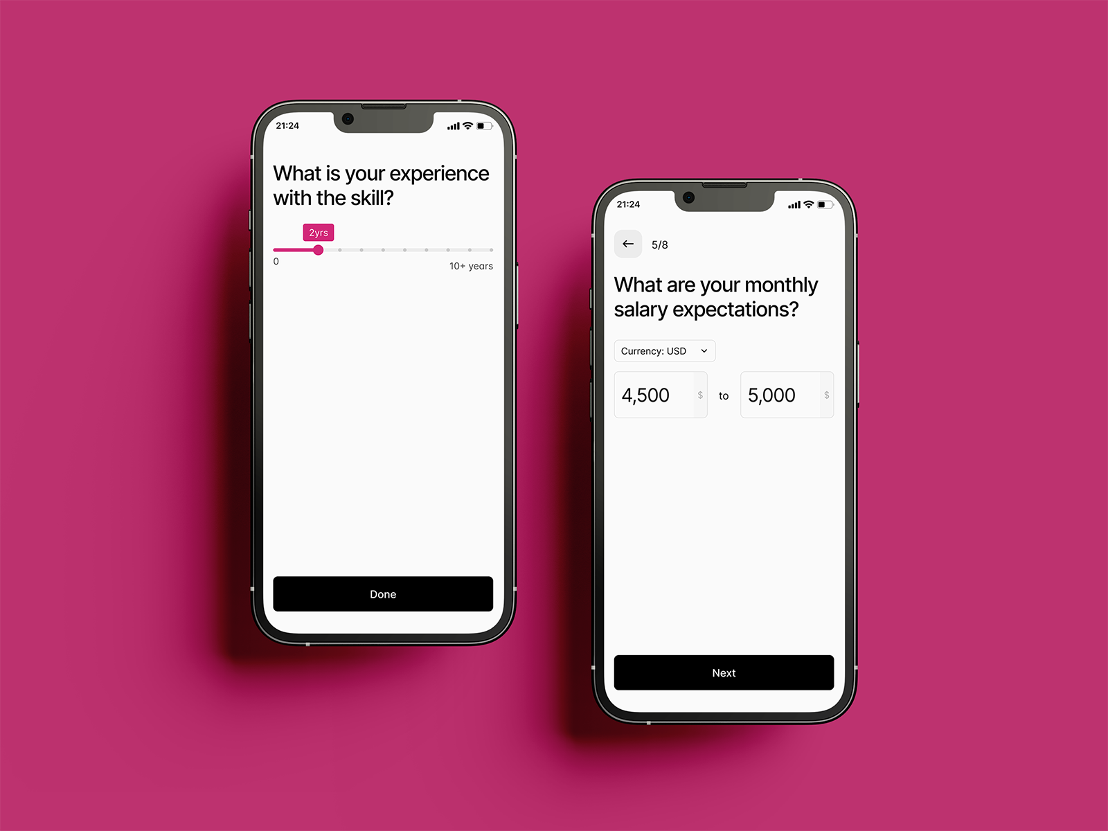 Mobile app screens showing a user inputting 2 years of experience on a slider and setting a monthly salary range of $4,500 to $5,000 USD.