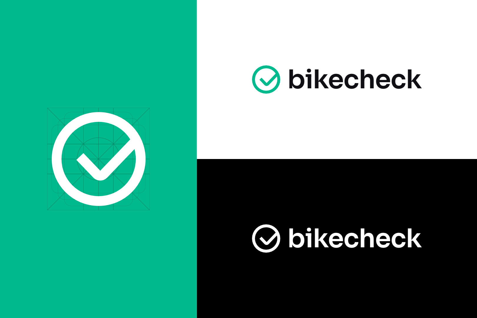 Bikecheck logo design featuring a bold checkmark inside a circle, with the word ‘bikecheck’ in modern lowercase font. The branding is displayed on teal, white, and black backgrounds, highlighting a professional bicycle verification and bike check service identity