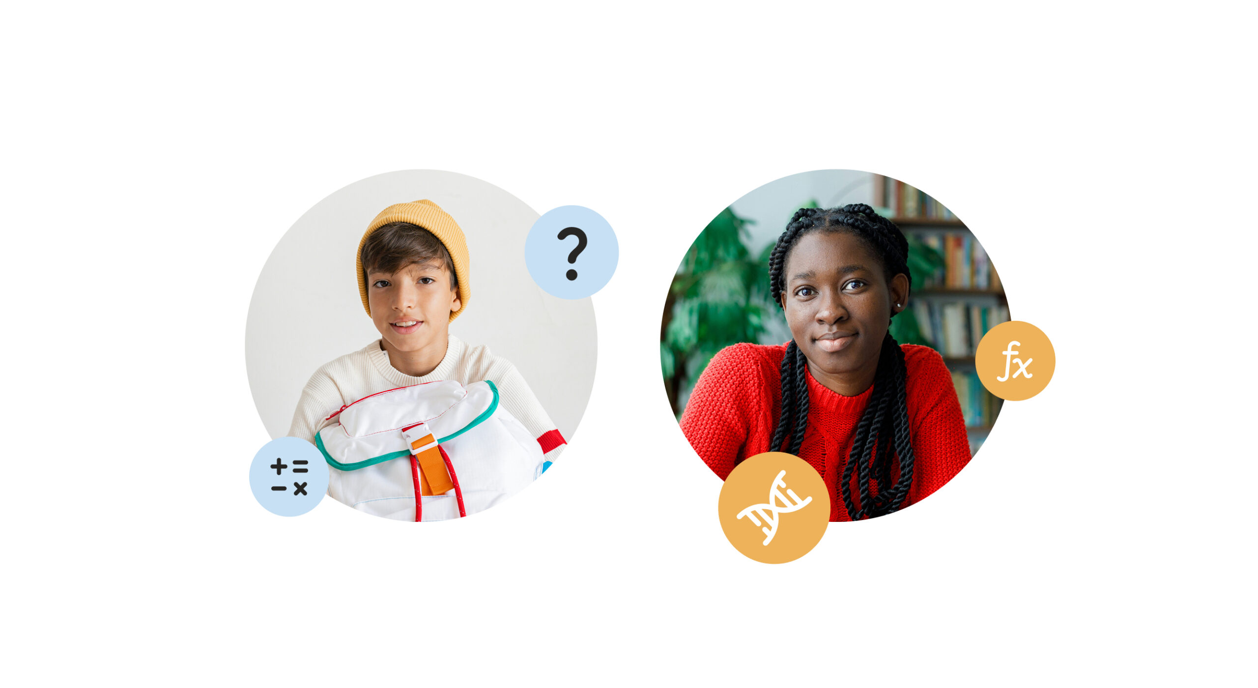 Portraits of two students, a boy wearing a yellow beanie holding a backpack with math and question mark icons, and a girl in a red sweater with DNA and function symbols, representing interests in mathematics, science, and problem solving skills