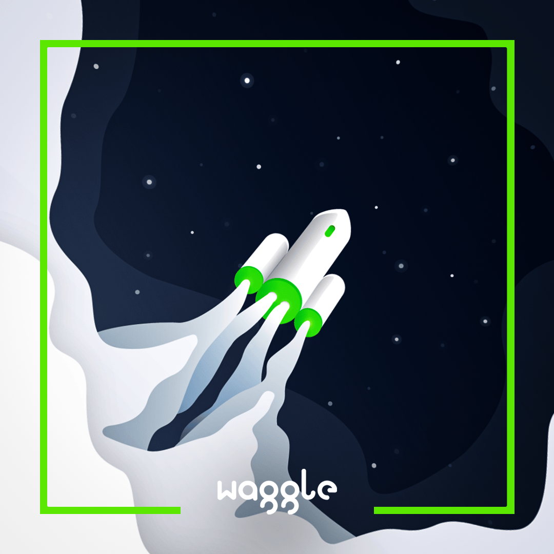 Minimalist illustration of a white rocket ship with green accents launching into a starry night sky, leaving bright trails behind, with the “waggle” logo and a neon green frame border around the artwork