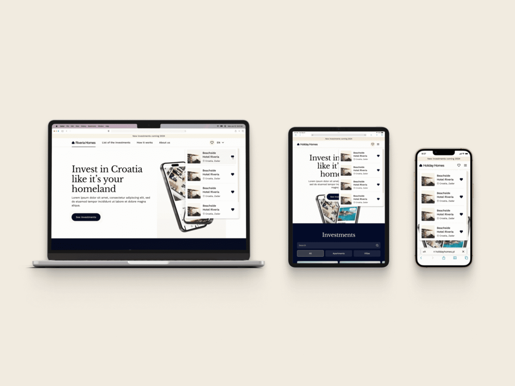 Responsive real estate website design for Riviera Homes shown on laptop, tablet, and smartphone screens, featuring a hero section with headline “Invest in Croatia like it’s your homeland,” search and investment navigation, as well as a property dropdown menu with beachside hotel listings in Croatia
