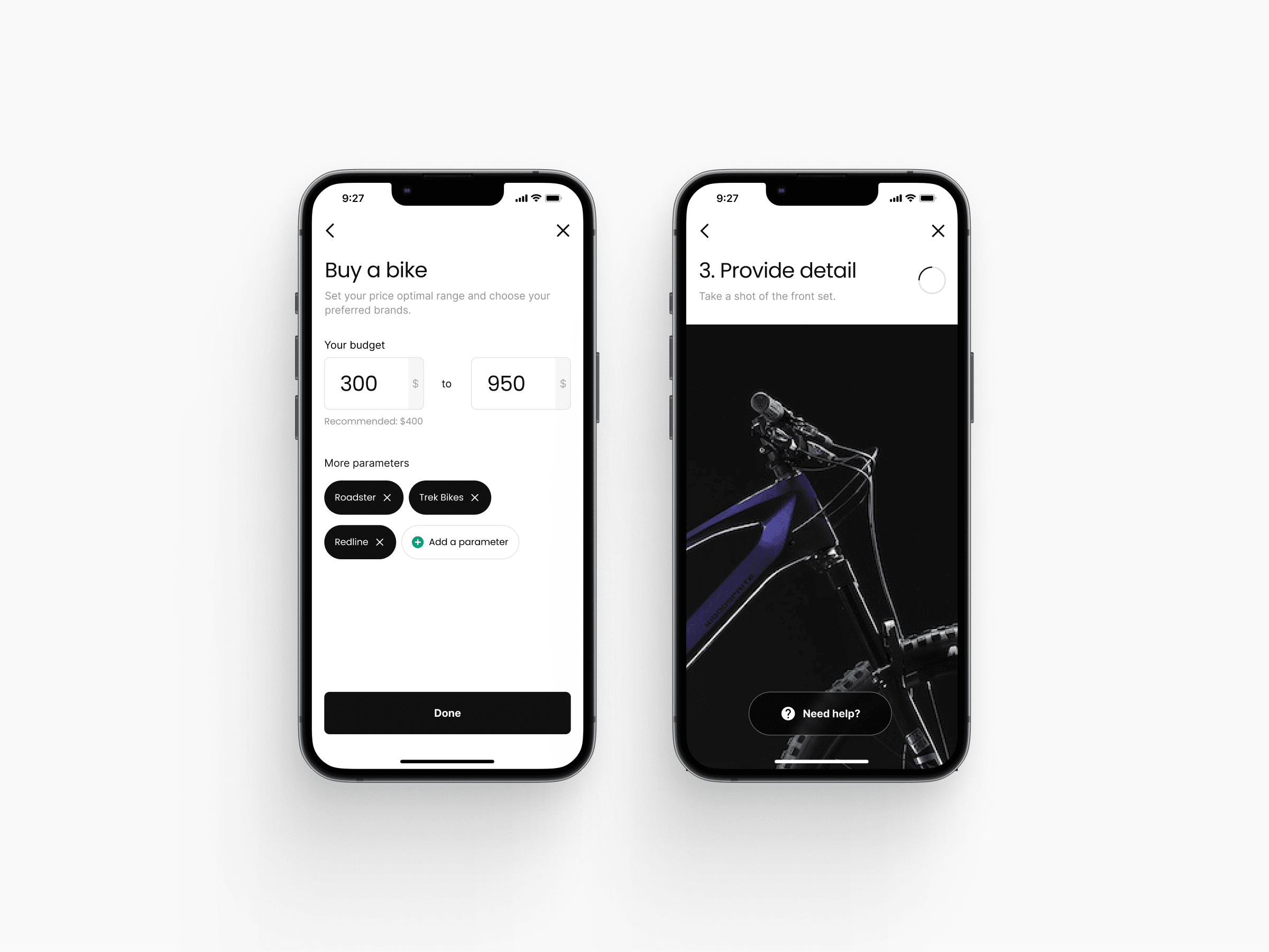 Mobile app interface for buying a bike, showing price range selector, preferred bike brands (Roadster, Trek Bikes, Redline), and a detail submission screen with a close-up photo of a modern mountain bike. The screenshot demonstrates a user-friendly bicycle shopping experience with budget filters and step-by-step guidance.
