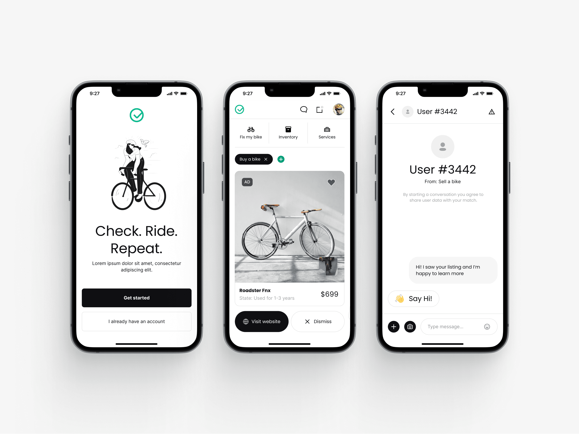 Three mobile screens from a bike marketplace app showing an onboarding welcome screen with illustration, a bike marketplace feed listing a used road bike for $699, and a secure chat interface where a buyer contacts seller User #3442 for more information about a bike listing