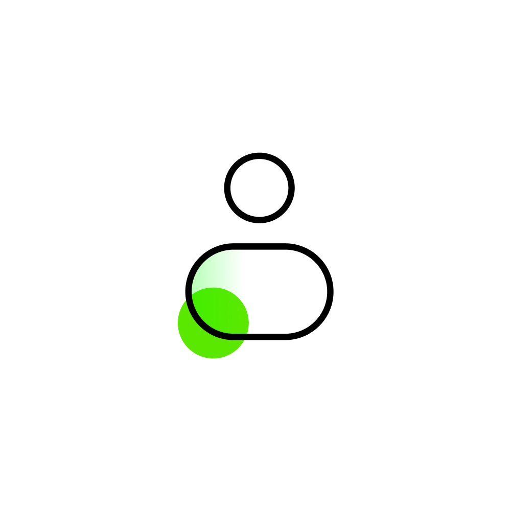 Minimalist user or profile icon with a black outline, representing a person with a circular head and rounded rectangle body, accented by a transparent green circle in the lower left, symbolizing user or account identification