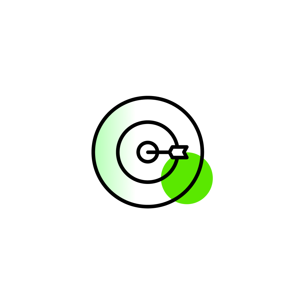 Minimal target icon with an arrow hitting the bullseye, outlined in black with a transparent green accent circle overlapping the right side, representing focus, goal achievement, or accuracy